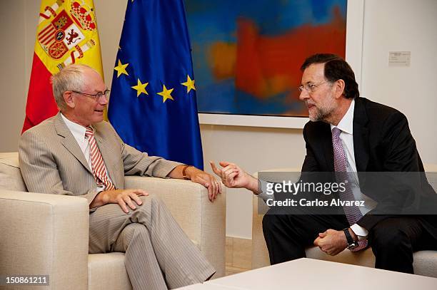 Spanish Prime Minister Mariano Rajoy talks with European Council President Herman Van Rompuy at Moncloa Palace on August 28, 2012 in Madrid, Spain....