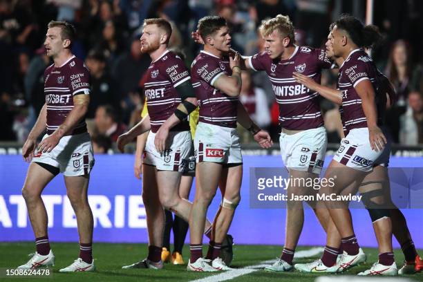 Ben Trbojevic of the Sea Eagles celebrates scoring a try during the round 18 NRL match between Manly Sea Eagles and Sydney Roosters at 4 Pines Park...