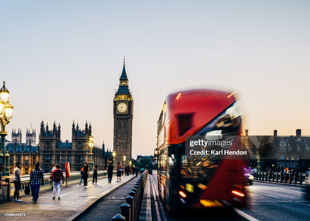 Big Ben and Westminster Bridge in London at sunrise