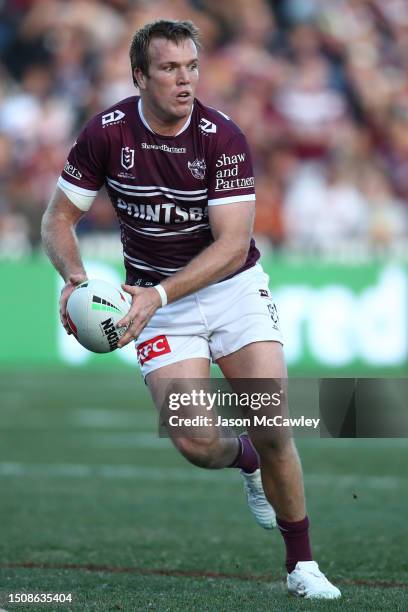 Jake Trbojevic of the Sea Eagles runs the ball during the round 18 NRL match between Manly Sea Eagles and Sydney Roosters at 4 Pines Park on July 02,...