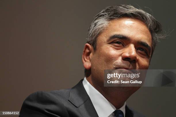 Deutsche Bank co-CEO Anshu Jain speaks during a podium discussion at the Ambassadors' Conference at the Foreign Ministry on August 28, 2012 in...