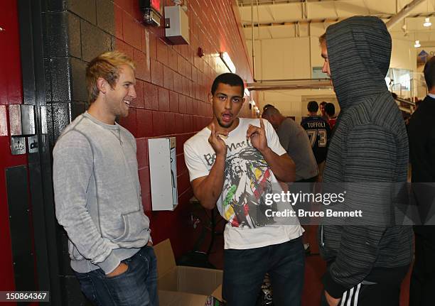 Joe Morrow of the Pittsburgh Penguins, Emerson Etem of the Anaheim Ducks and Beau Bennett of the Penguins clown around at the 2012 NHLPA rookie...
