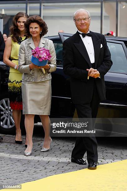 Princess Victoria of Sweden, Queen Silvia of Sweden and King Carl XVI Gustaf of Sweden arrive for the Polar Music Prize at Konserthuset on August 28,...