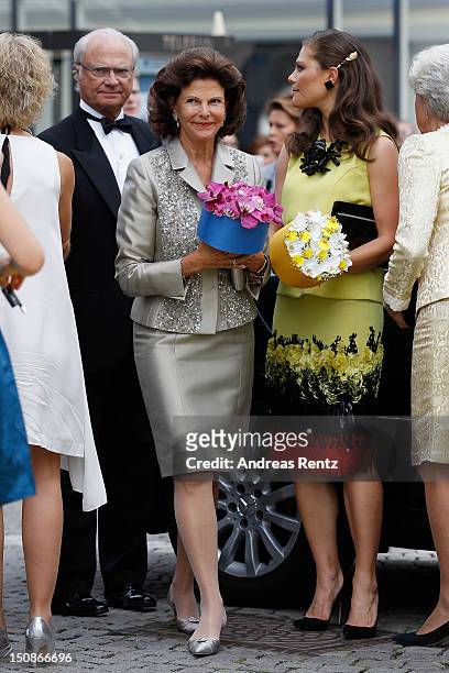 King Carl XVI Gustaf of Sweden, Queen Silvia of Sweden and Princess Victoria of Sweden arrive for the Polar Music Prize at Konserthuset on August 28,...