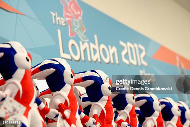 Mascots of the London 2012 Paralympic Games are lined up in the Merchandising Store ahead of the London 2012 Paralympic Games on August 28, 2012 in...