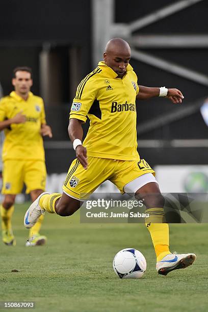 Emilio Renteria of the Columbus Crew controls the ball against Toronto FC on August 22, 2012 at Crew Stadium in Columbus, Ohio.