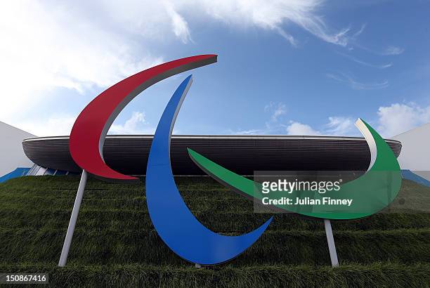 Agitos, The Paralympic logo is seen during 2012 London Paralympics previews on August 28, 2012 in London, England.