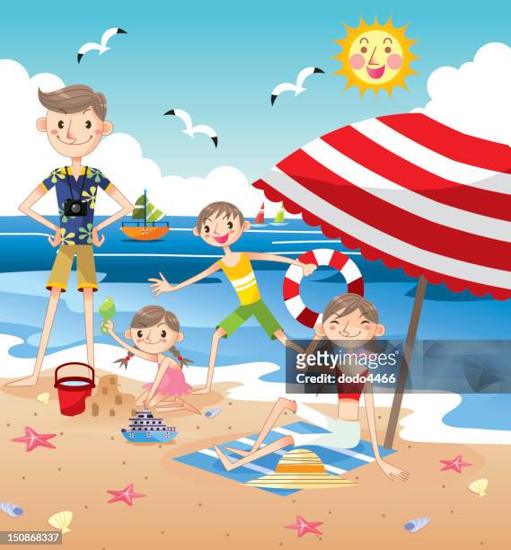happy family on beach - beach umbrella sand stock illustrations