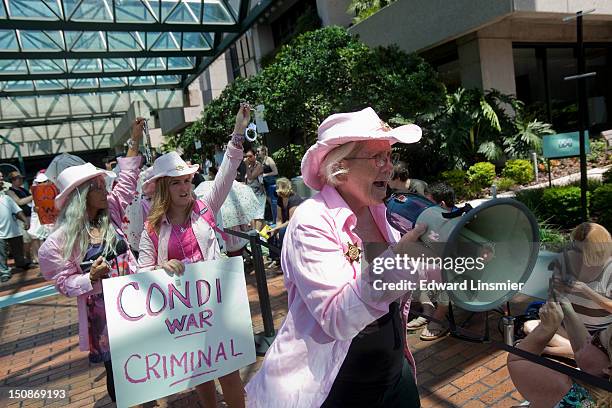 Protesters from Code Pink gather outside the Straz Center for the Performing Arts during the National Republican Convention on August 28, 2012 in...
