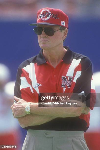 Head coach Tom Osborne of the Nebraska Cornhuskers looks on before a college football game against the West Virginia Mountaineers on August 31, 1994...