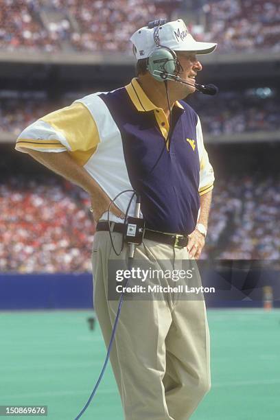 Head coach Don Nehlen of the West Virginia Mountaineers looks on during a college football game against the Nebraska Cornhuskers on August 31, 1994...