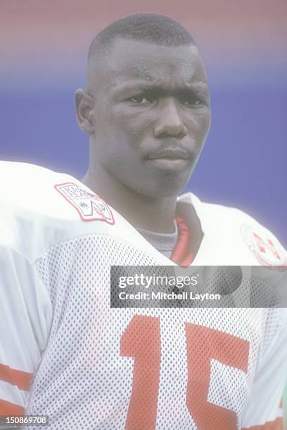 Tommy Frazier of the Nebraska Cornhuskers looks on before a college football game against the West Virginia Mountaineers on August 31, 1994 at Giants...