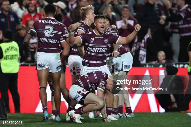 Josh Schuster of the Sea Eagles celebrate victory following the round 18 NRL match between Manly Sea Eagles and Sydney Roosters at 4 Pines Park on...