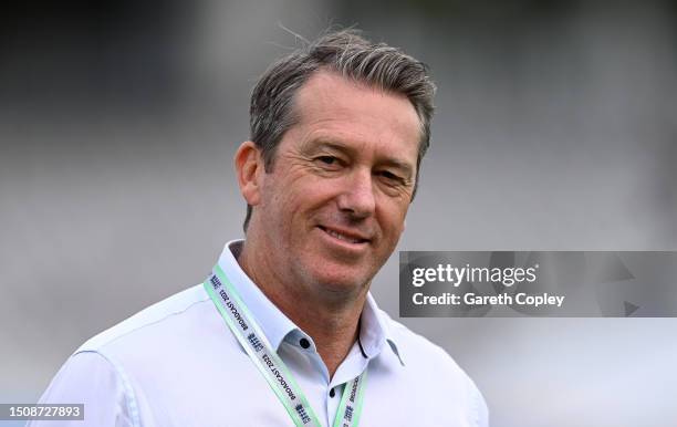 Former Australian bowler Glenn McGrath looks on prior to the start of Day Five of the LV= Insurance Ashes 2nd Test match between England and...