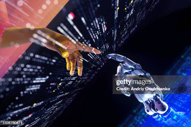 touching metaverse - robot human interaction stock pictures, royalty-free photos & images