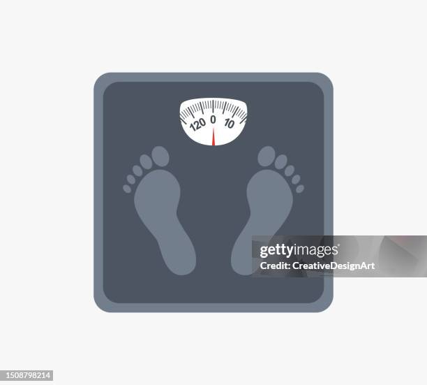 high angle view of weight scale with footprints - bathroom scales stock illustrations