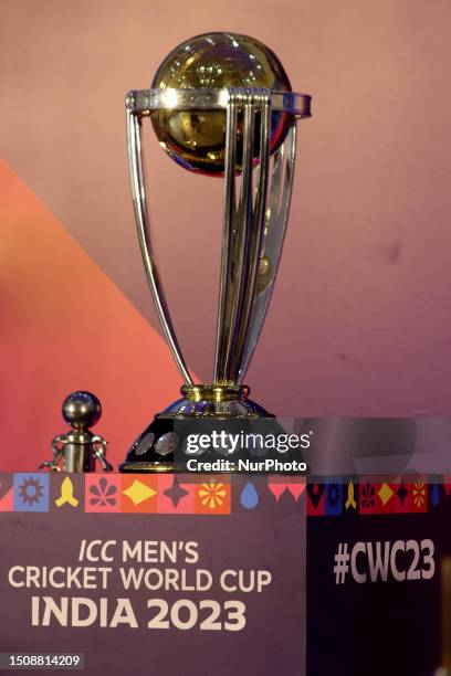 International Cricket Council men's cricket World Cup trophy in Kolkata, India, Thursday, July 6, 2023.