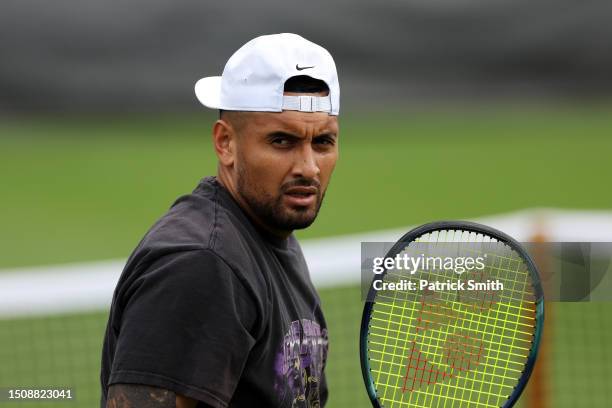Nick Kyrgios of Australia looks on during a practice session ahead of The Championships - Wimbledon 2023 at All England Lawn Tennis and Croquet Club...