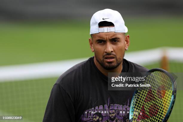 Nick Kyrgios of Australia looks on during a practice session ahead of The Championships - Wimbledon 2023 at All England Lawn Tennis and Croquet Club...