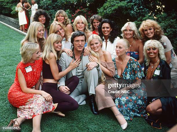 Episode -- Pictured: Playboy Playmates Cyndi Wood, Monique St. Pierre, Playboy founder Hugh Hefner, Playboy Playmates Debra Jo Fondren, Liv...