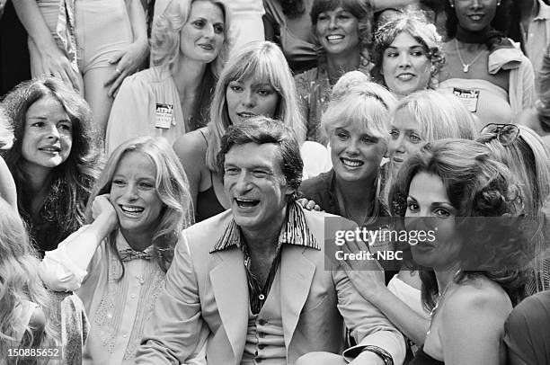 Episode -- Pictured: Playboy Playmates Claudia Jennings, Monique St. Pierre, Playboy founder Hugh Hefner, Playmates Dorothy Stratten, Connie Kreski,...