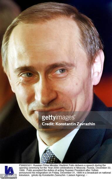 Russian Prime Minister Vladimir Putin delivers a speech during the opening ceremony for the Year 2000 celebrations in Moscow, Russia, December 22,...