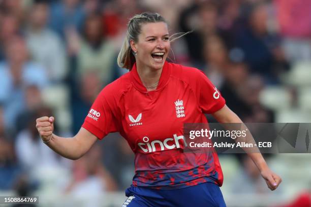 Lauren Bell of England celebrates the wicket of Alyssa Healy of Australia during the Women's Ashes 1st Vitality IT20 match between England and...