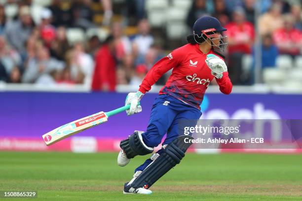 Sophia Dunkley of England turns for a second run during the Women's Ashes 1st Vitality IT20 match between England and Australia at Edgbaston on July...