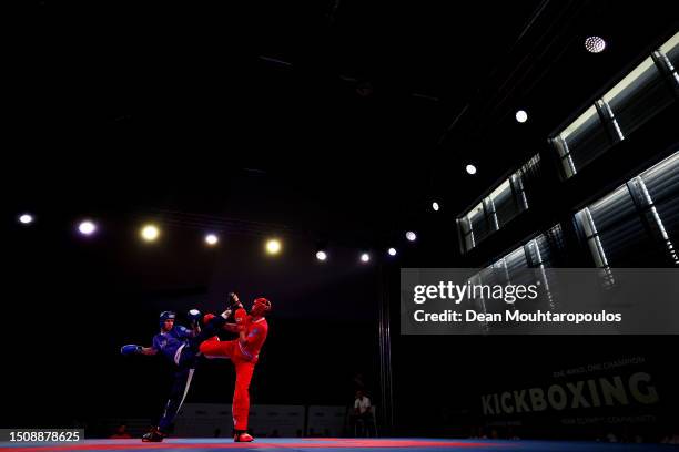 Al Amin Rmadan of Germany competes against Lajos Imre Fesu of Hungary during the Kickboxing - Men's Light Contact - 79kg Final Bout on Day Thirteen...