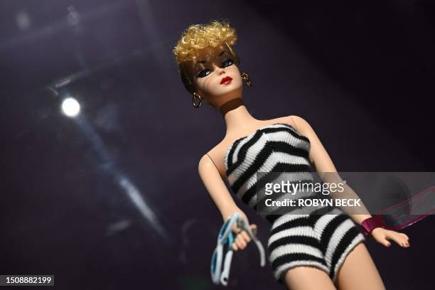 The first Barbie Doll from 1959 is displayed at the interactive exhibition "The World of Barbie" on June 28 at Santa Monica Place in Santa Monica,...