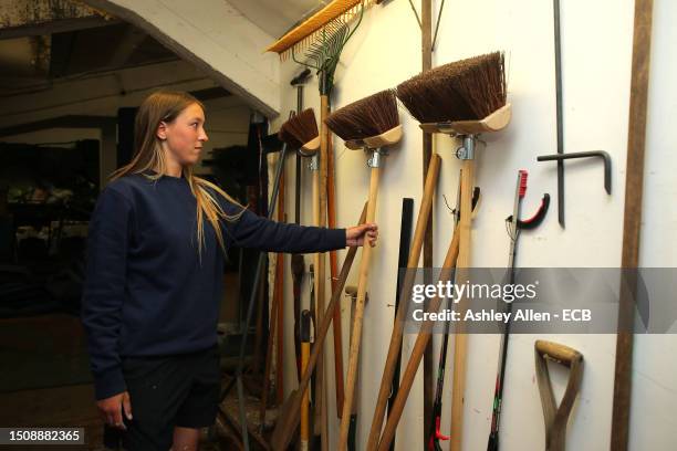 Members of the all-female ground staff selects a brush ahead of play during the Women's Ashes 1st Vitality IT20 match between England and Australia...