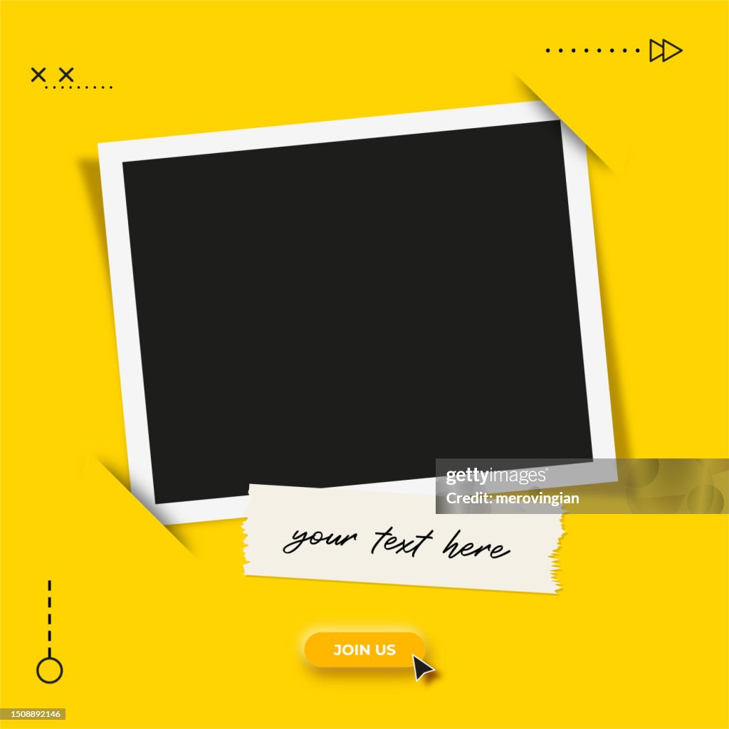 Photo frame with sticky tape. Digital marketing agency and corporate social media post template