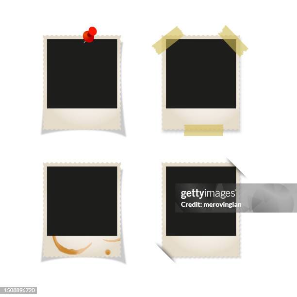 photo frame collection with blank place with sticky tape and thumbtack on white background - instant print lift stock illustrations