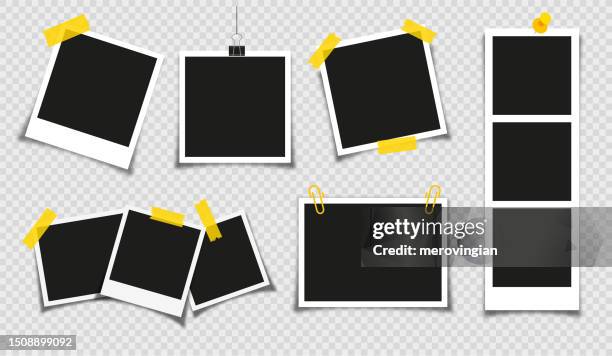 stockillustraties, clipart, cartoons en iconen met photo frame collection with blank place with sticky tape, paper clip,  binder clip on transparent background - punaise
