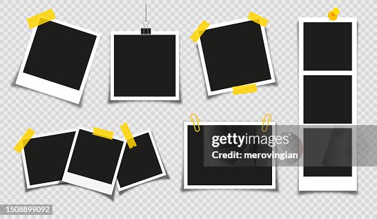 Photo frame collection with blank place with sticky tape, paper clip, binder clip on transparent background Photo frame collection with blank place with sticky tape, paper clip, binder clip on transparent background