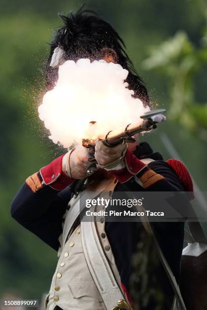 Reenactor takes part during the Battle of Waterloo Reenactment on July 02, 2023 in Waterloo, Belgium. The 1815 battle marked the end of the...