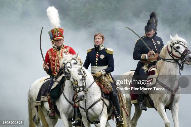 Reenactors take part during the Battle of Waterloo Reenactment on July 02, 2023 in Waterloo, Belgium. The 1815 battle marked the end of the...
