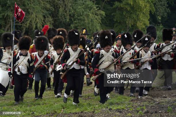Reenactors take part during the Battle of Waterloo Reenactment on July 02, 2023 in Waterloo, Belgium. The 1815 battle marked the end of the...