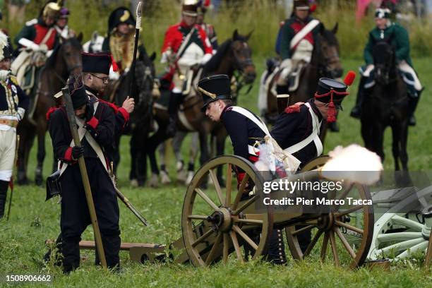 Reenactors take part during the Battle of Waterloo Reenactment on July 02, 2023 in Waterloo, Belgium. The 1815 battle marked the end of the...