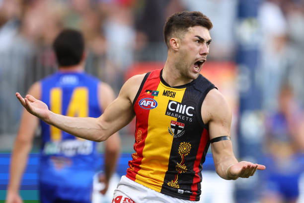 Jade Gresham of the Saints celebrates a goal during the round 16 AFL match between West Coast Eagles and St Kilda Saints at Optus Stadium, on July 02...