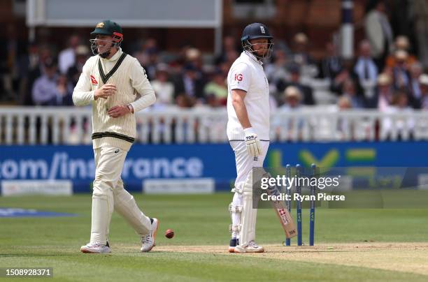 Jonny Bairstow of England reacts after being run out by Alex Carey of Australia during Day Five of the LV= Insurance Ashes 2nd Test match between...