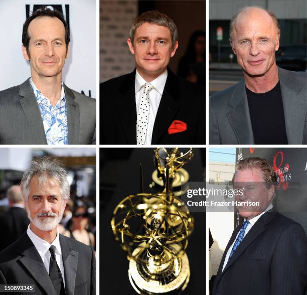 In this composite image a comparison has been made between the 2012 Emmy Nominees For Outstanding Supporting Actor In A Miniseries Or Movie. Actor...