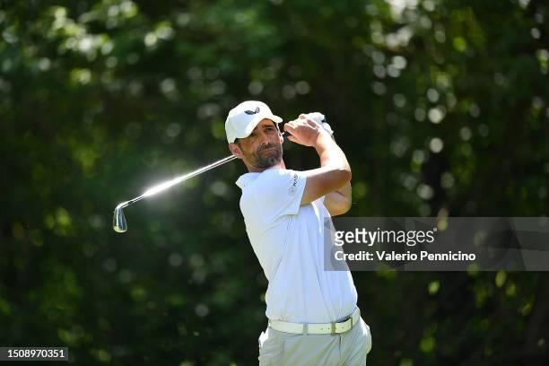 Lee Slattery of England plays his first shot on the 16th hole during Day One of the Italian Challenge Open at Golf Nazionale on July 6, 2023 in...