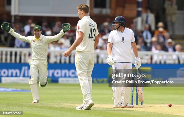 Jonny Bairstow of England is stumped by Alex Carey of Australia during the fifth day of the 2nd Test between England and Australia at Lord's Cricket...