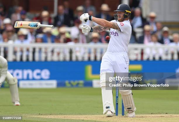 Ben Stokes of England loses control of his bat during the fifth day of the 2nd Test between England and Australia at Lord's Cricket Ground on July...