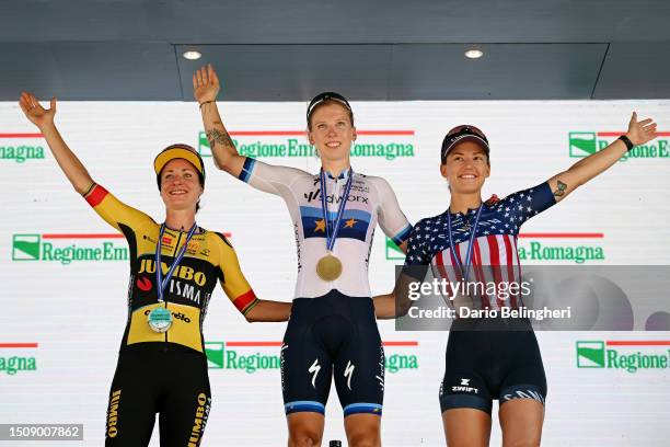 Marianne Vos of The Netherlands and Team Jumbo-Visma on second place, stage winner Lorena Wiebes of The Netherlands and Team SD Worx and Chloe Dygert...