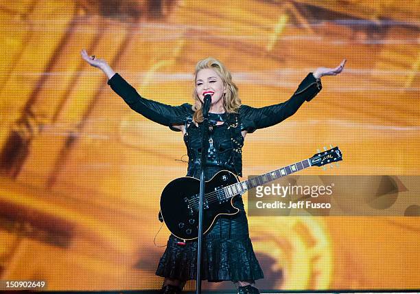 Madonna performs at the MDNA North America Tour Opener at the Wells Fargo Center August 28, 2012 in Philadelphia, Pennsylvania.
