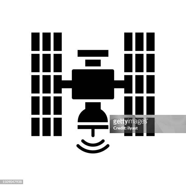 spy satellites black line & fill vector icon - space exploration logo stock illustrations