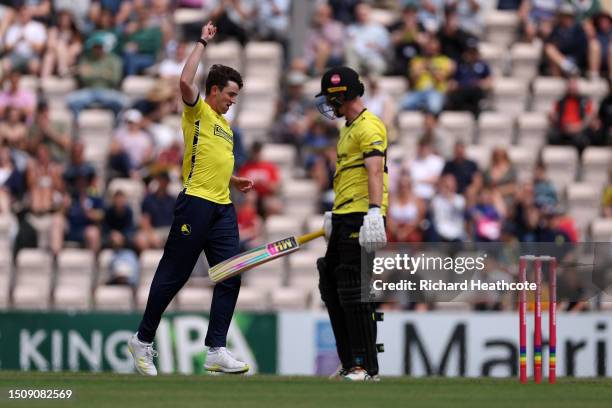 John Turner of Hampshire celebrates taking the wicket of Miles Hammond of Gloucester during the Vitality Blast T20 match between Hampshire Hawks and...