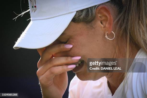 Croatia's Donna Vekic reacts after winning against US player Sloane Stephens during their women's singles tennis match on the fourth day of the 2023...